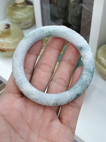 Carved Jade Floral Bangle S56 Cylindrical Type A Moss in Snow Jadeite