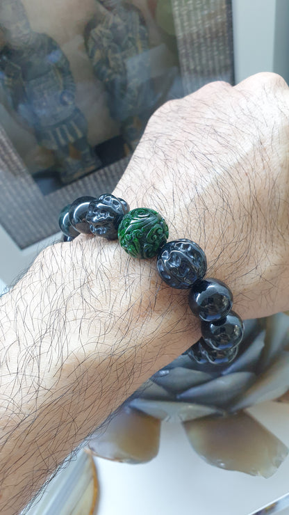 Black Jade Lucky Charm Bracelet | Ru Yi and Bodhi Beads Charm | Authentic Type A Fei Cui Jade