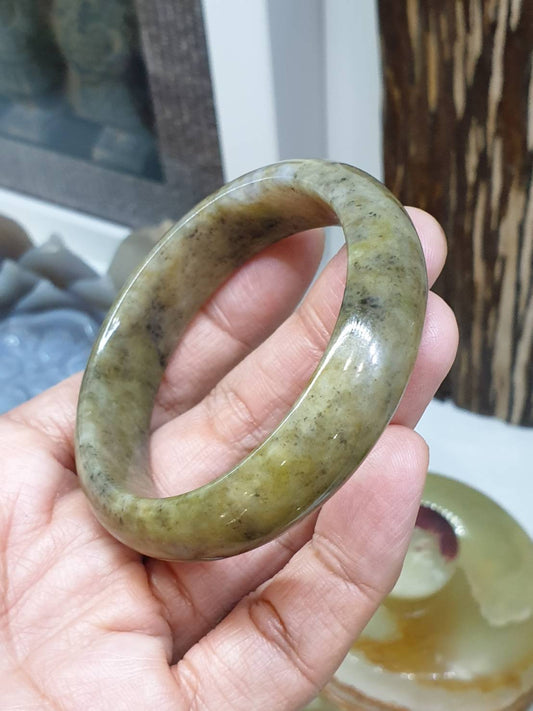 Honey Gray Jade Bangle S53 Speckled Type A Natural Myanmar Jadeite