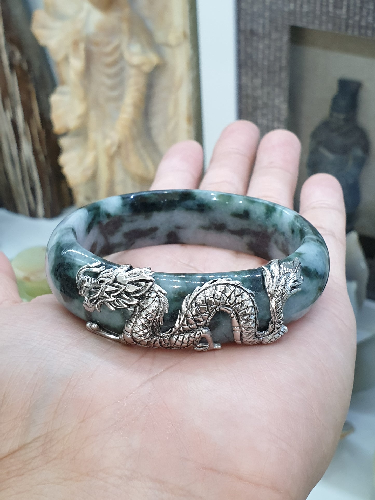 Fortune Dragon Jade Bangle (S 59) | Sterling Silver | Type A Natural Jadeite | Statement Wrist Accessory