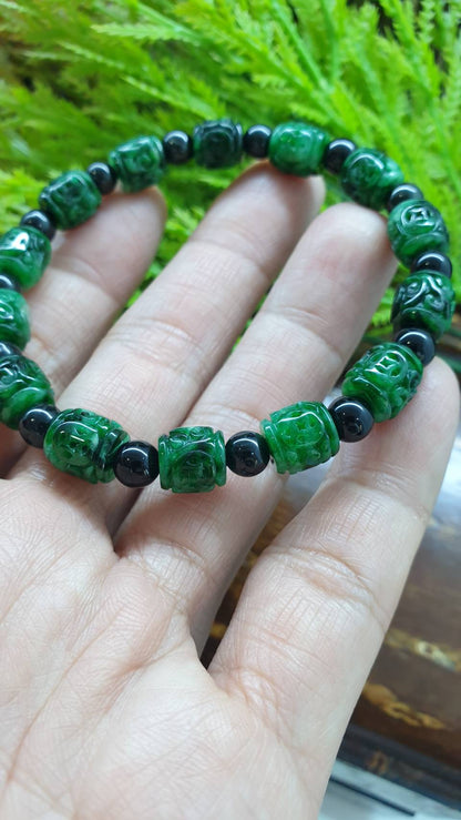 Natural Type A Jadeite Bracelet - Green Cylinder - Black Spacer Beads