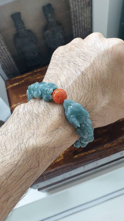 Blue Jade Dragon Power Bracelet (18.5 cm) | Type A Natural Jadeite | Statement Piece Wrist Accessory