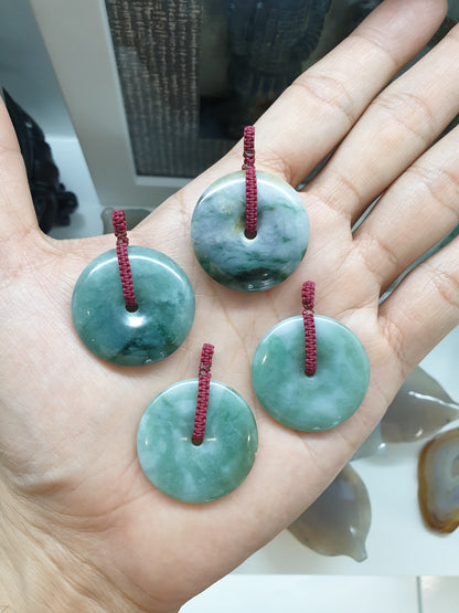 Marbled Green Jade Ping An Kou Pendant (3 cm) | Fei Cui - Type A Jadeite | Handwoven Thread Bail