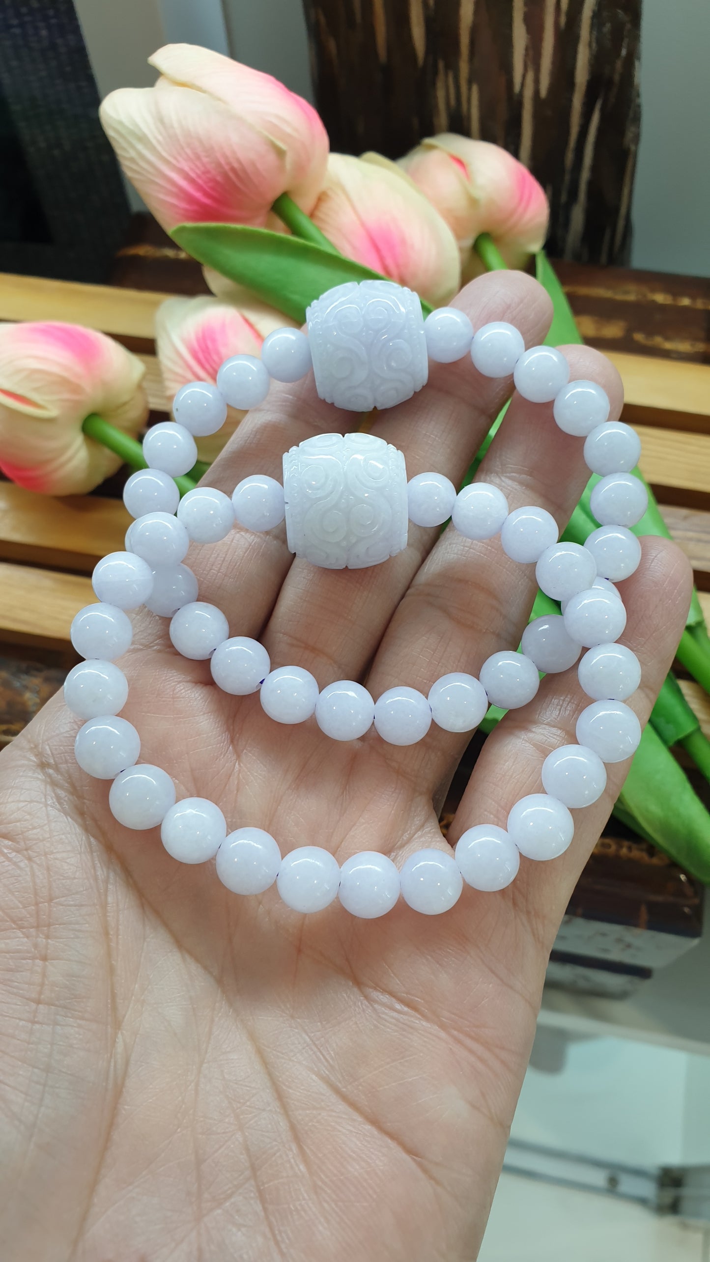 Ru Yi Lavender Jade Bracelet 17cm Type A Myanmar Jadeite Handmade Beads
