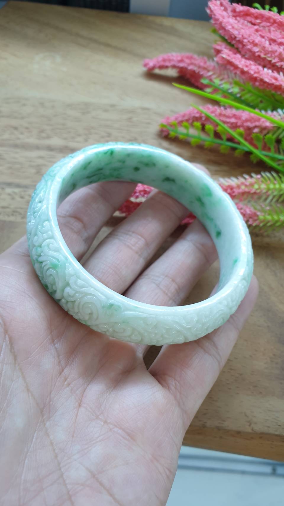 Carved Moss in Snow Jade Ru Yi Bangle S59 Type A Myanmar Jadeite Floral
