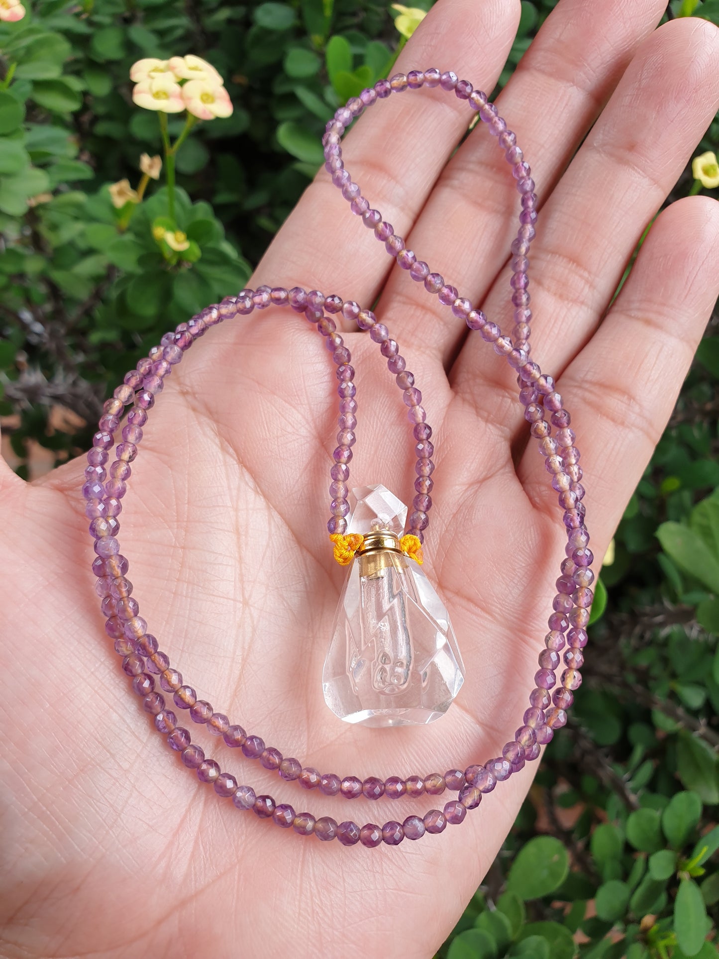 Clear Quartz Perfume Bottle in Amethyst Beaded Necklace (24") | Cute Snuff Bottle Necklace