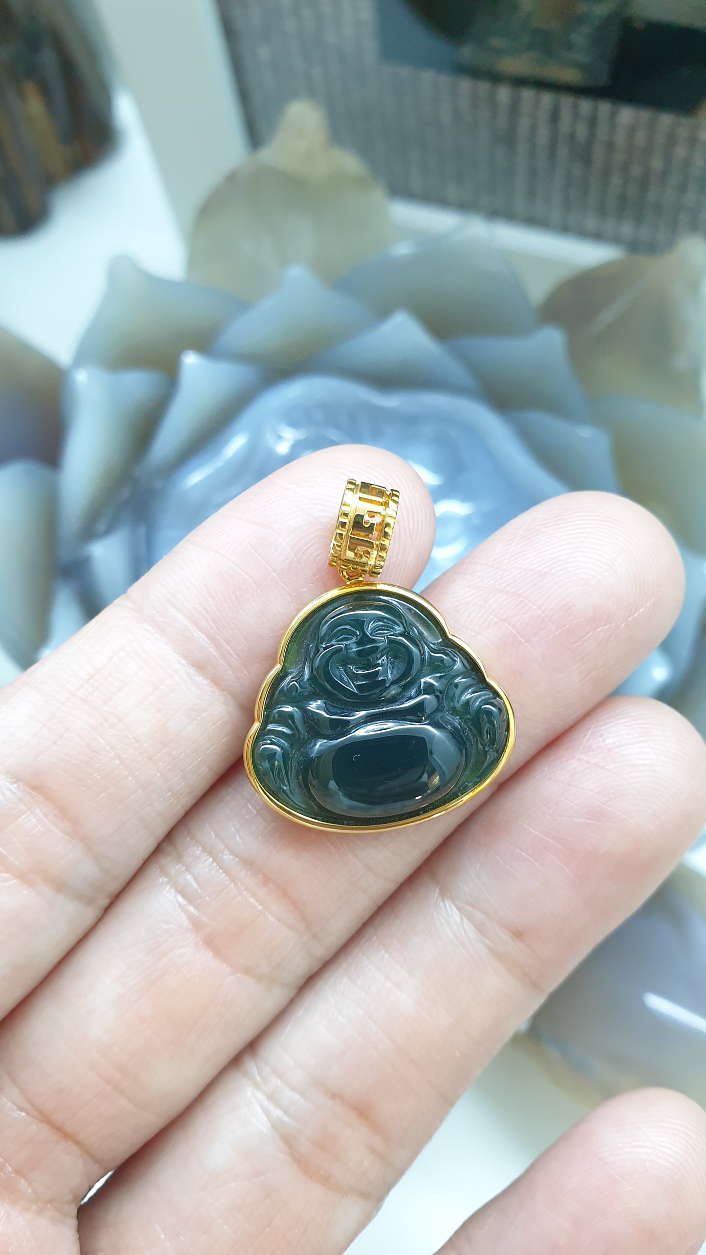 Blue Jade Happy Buddha Pendant | 18K Gold Setting | Wealth & Fortune Jewelry