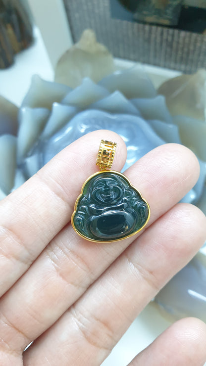 Blue Jade Happy Buddha Pendant | 18K Gold Setting | Wealth & Fortune Jewelry