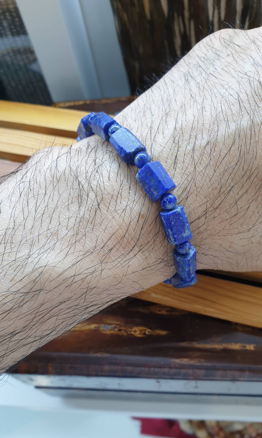 Lapis Lazuli Stretch Bracelets 17cm, Natural Stone Rugged Cylinder Beads