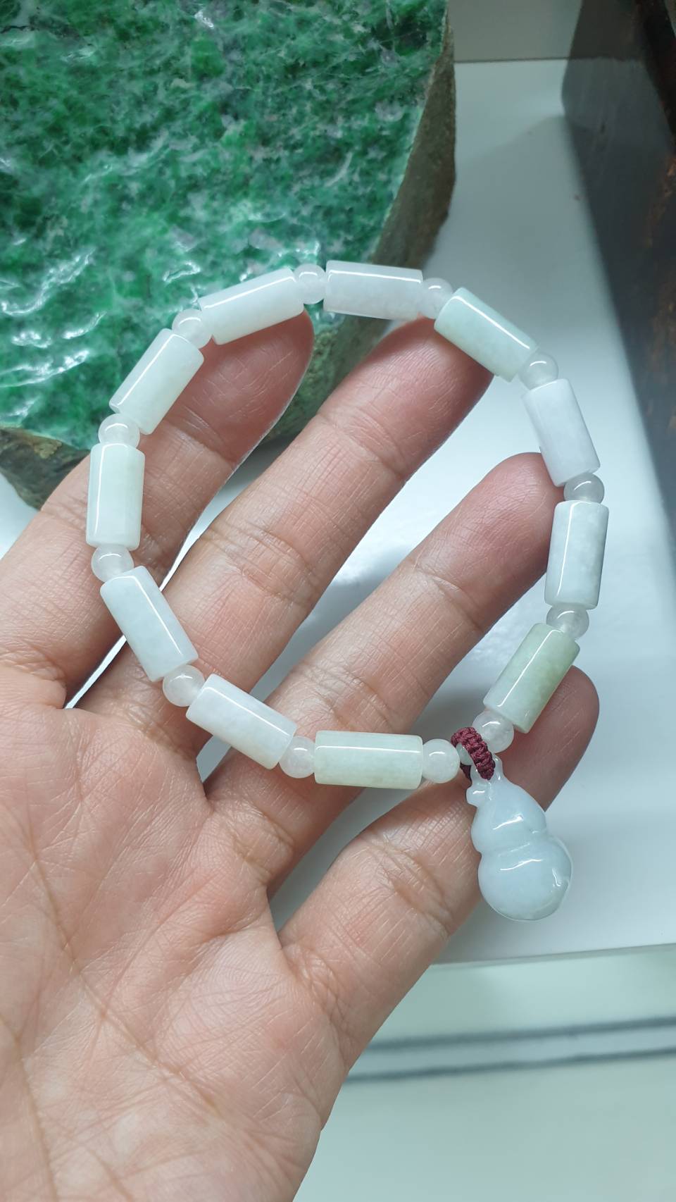 Jade Wu Lou Bracelet 18cm Silky White Type A Natural Myanmar Jadeite Cylinder Beads