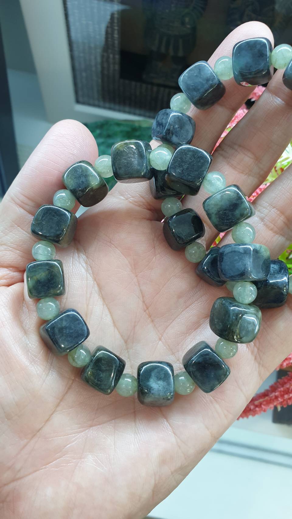 Cube Mabled Black Jade Bracelet 17cm Type A Natural Jadeite Spaced Beads