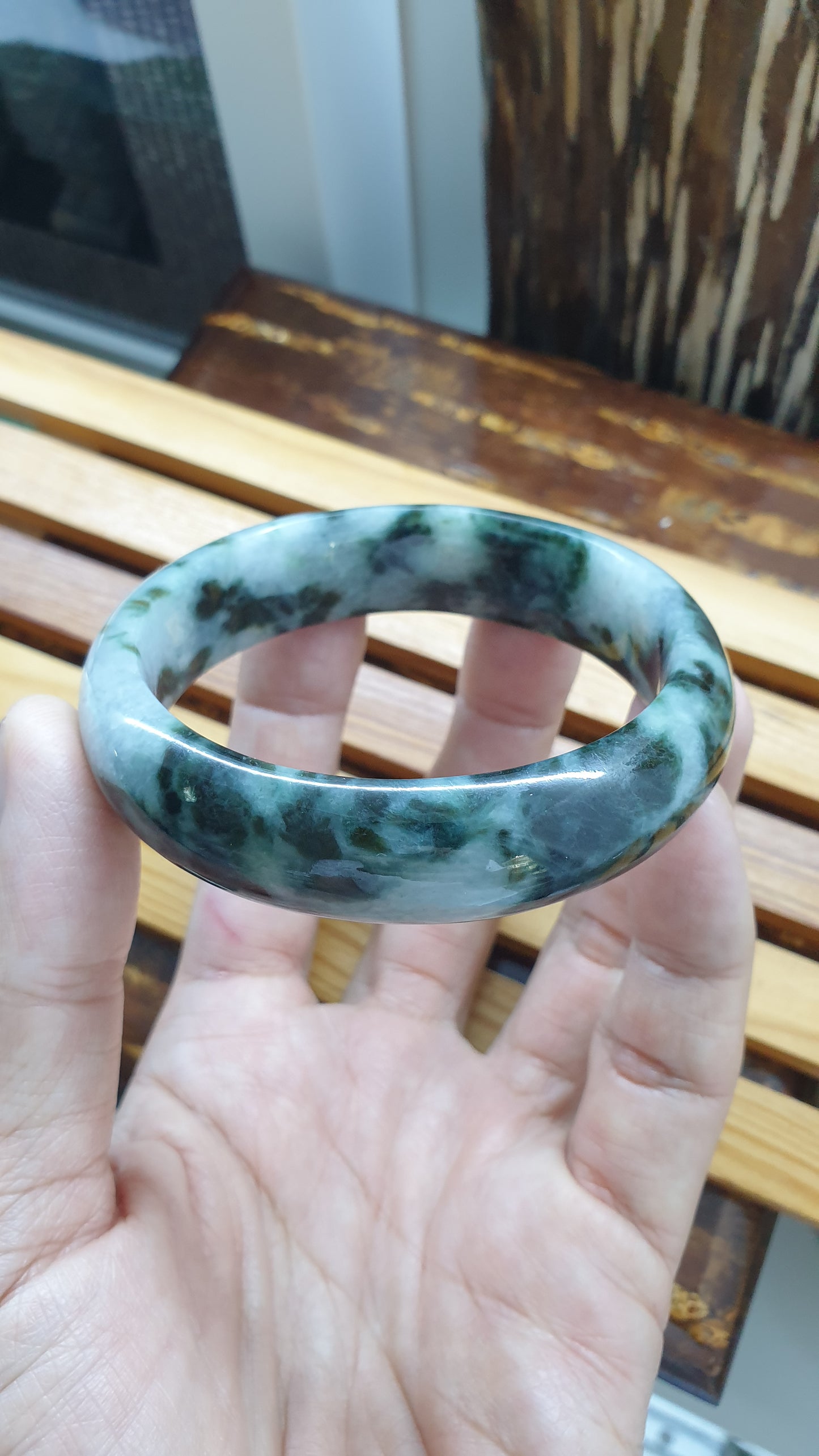 Jade Vintage Bangle S59 Black Moss Green Fei Cui Type A Myanmar Jadeite