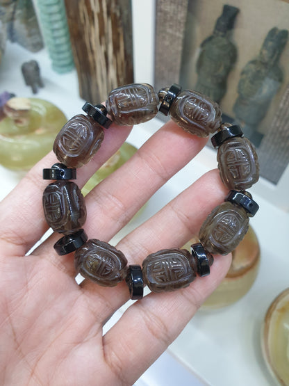 Smoky Quartz Wealth Bracelet with Black Onyx Rings, 16 cm. Natural Gemstone Etched Beads
