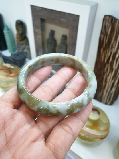 Honey Green Marbled Jade Bangle S58.5 Fei Cui Type A Myanmar Jadeite