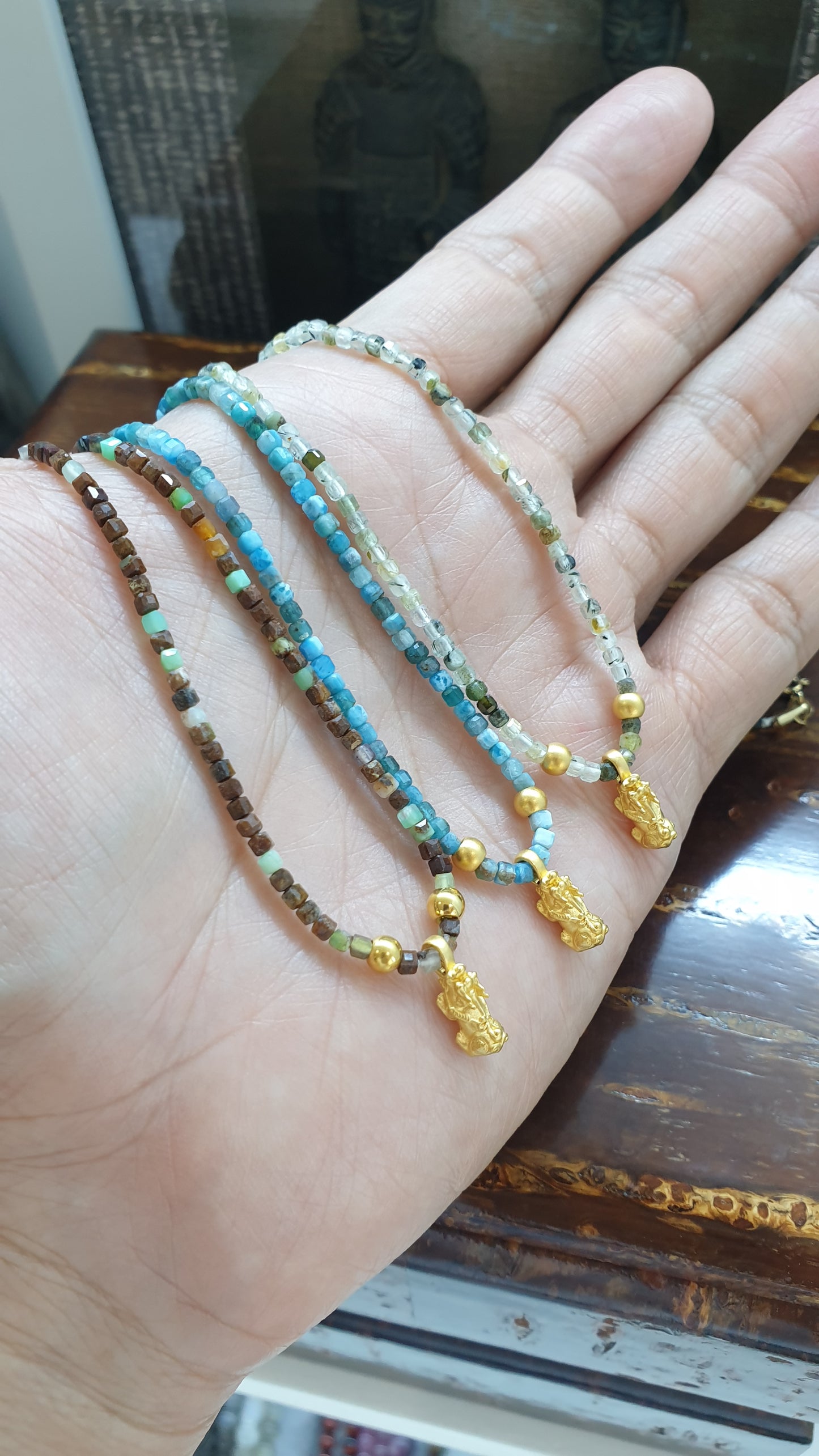 24K Gold Pixiu Gemstone Beaded Necklace 16 inch with 9K Gold Lock