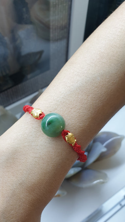 Jade & Koi Fish Red Thread Bracelet (Adjustable) | Pure 24K Gold | Fei Cui - Type A Jadeite