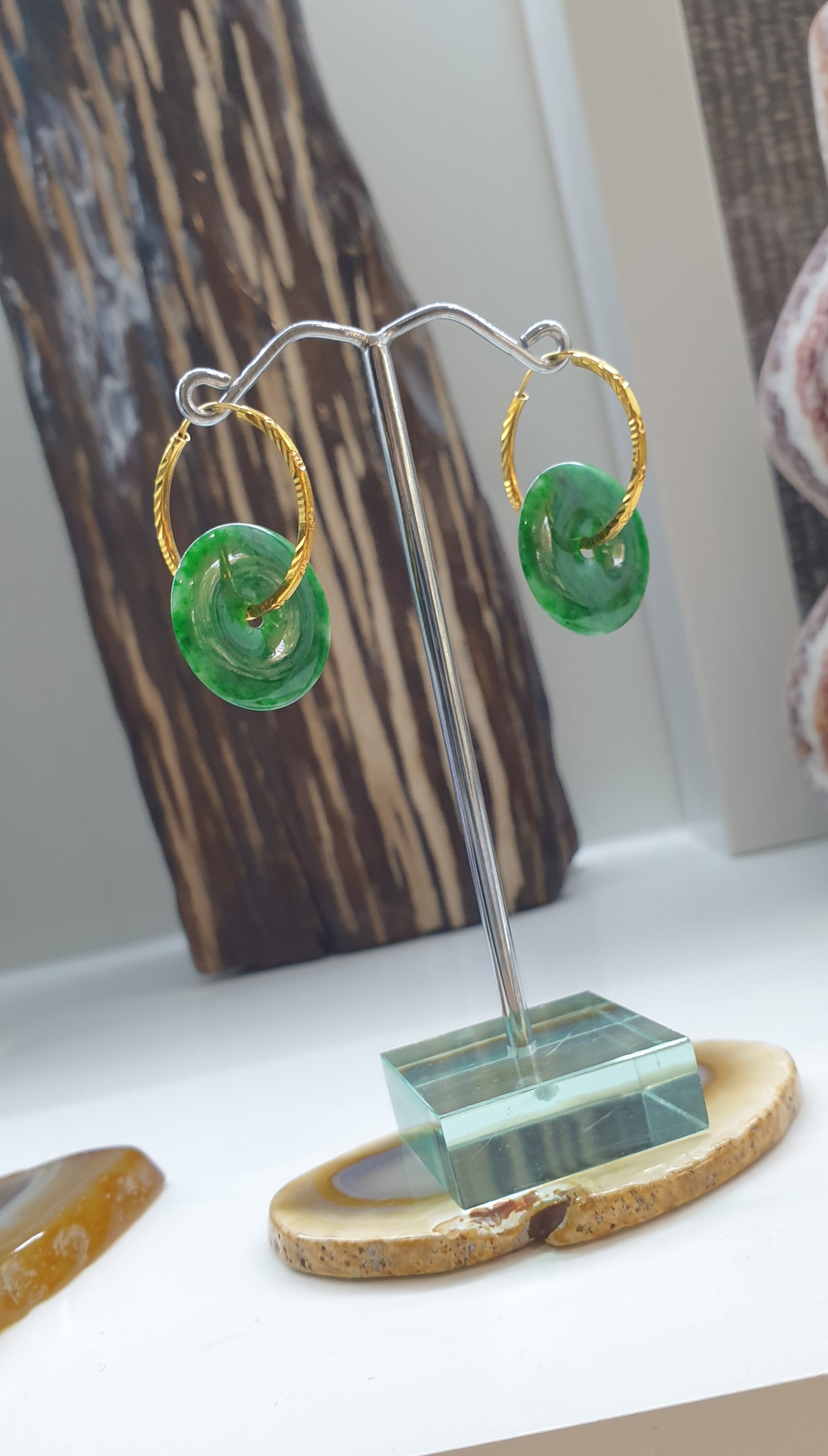 Jade Ping An Kou Loop Earrings | Solid 22K Gold | Fei Cui Type A Natural Jadeite