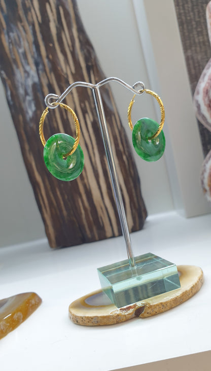 Jade Ping An Kou Loop Earrings | Solid 22K Gold | Fei Cui Type A Natural Jadeite