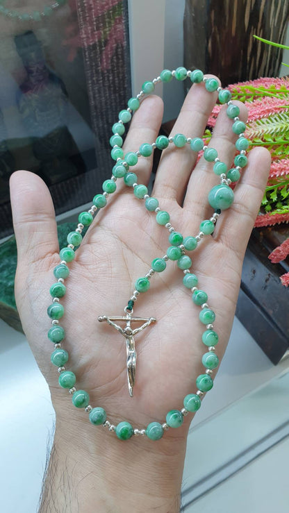Green Jade Rosary 26in Type A Natural Myanmar Jadeite Sterling Silver Crucifix