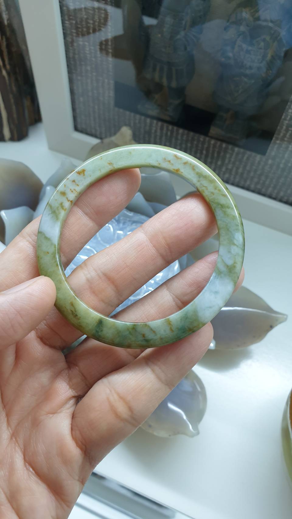 Honey Green Jade Slim Bangle S58.5 Myanmar Type A Jadeite 4.5mm Width