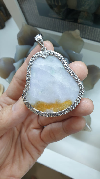 Lavender Jade Happy Buddha Pendant | Textured Sterling Silver | Wealth & Fortune Jewelry
