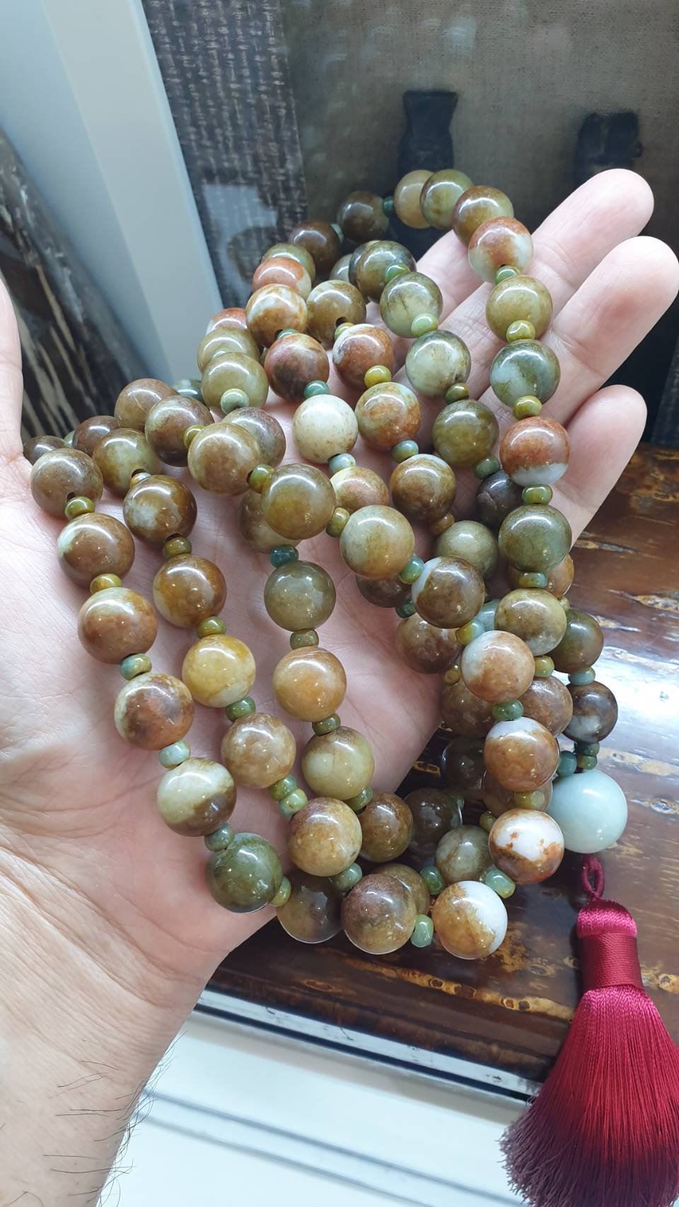 108 Beads Japa Mala Brown Jadeite 13.5mm Type A Natural Meditation Necklace