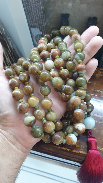 108 Beads Japa Mala Brown Jadeite 13.5mm Type A Natural Meditation Necklace