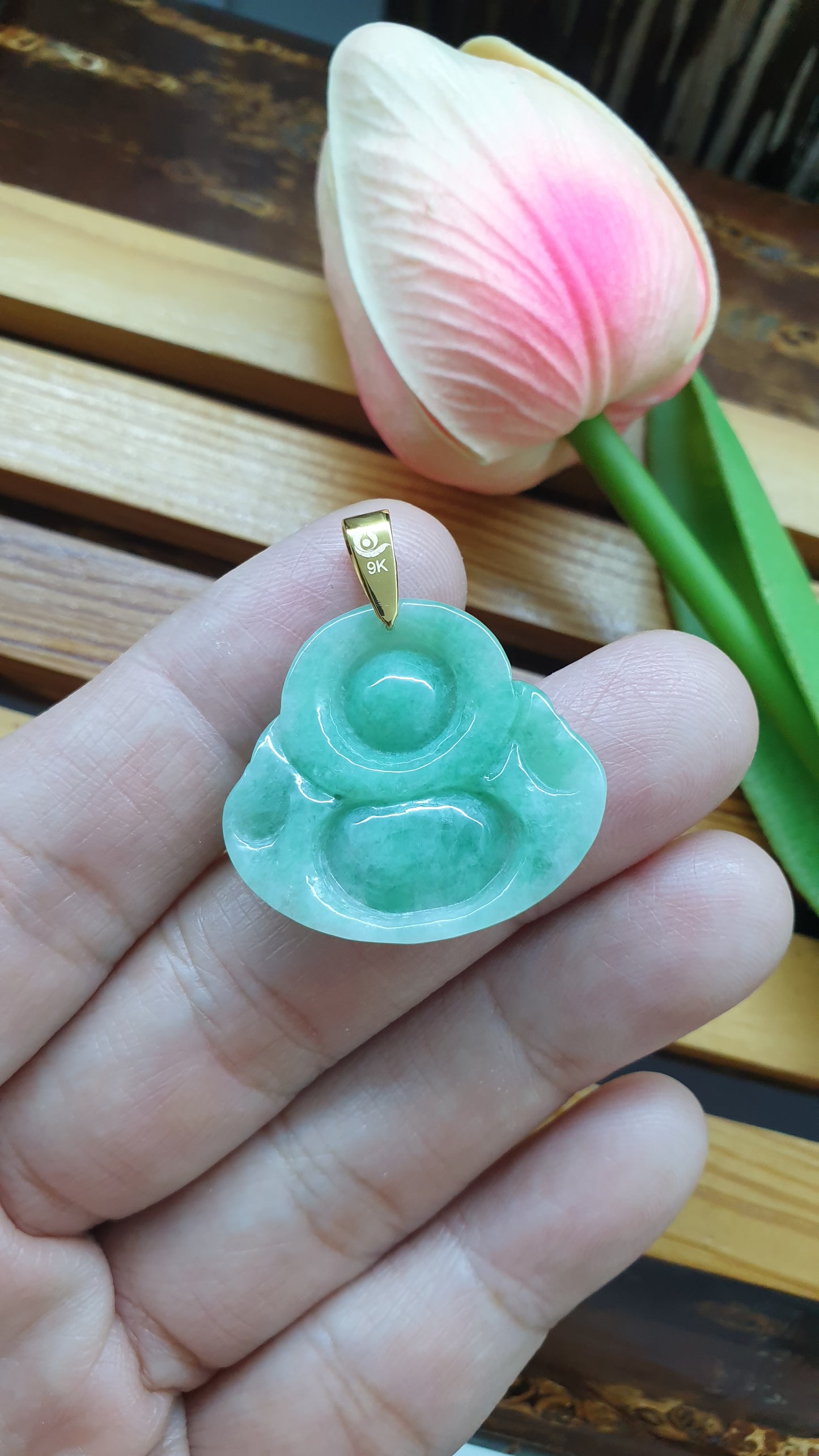 Jade Happy Buddha Pendants 9K Gold Fei Cui Type A Myanmar Jadeite