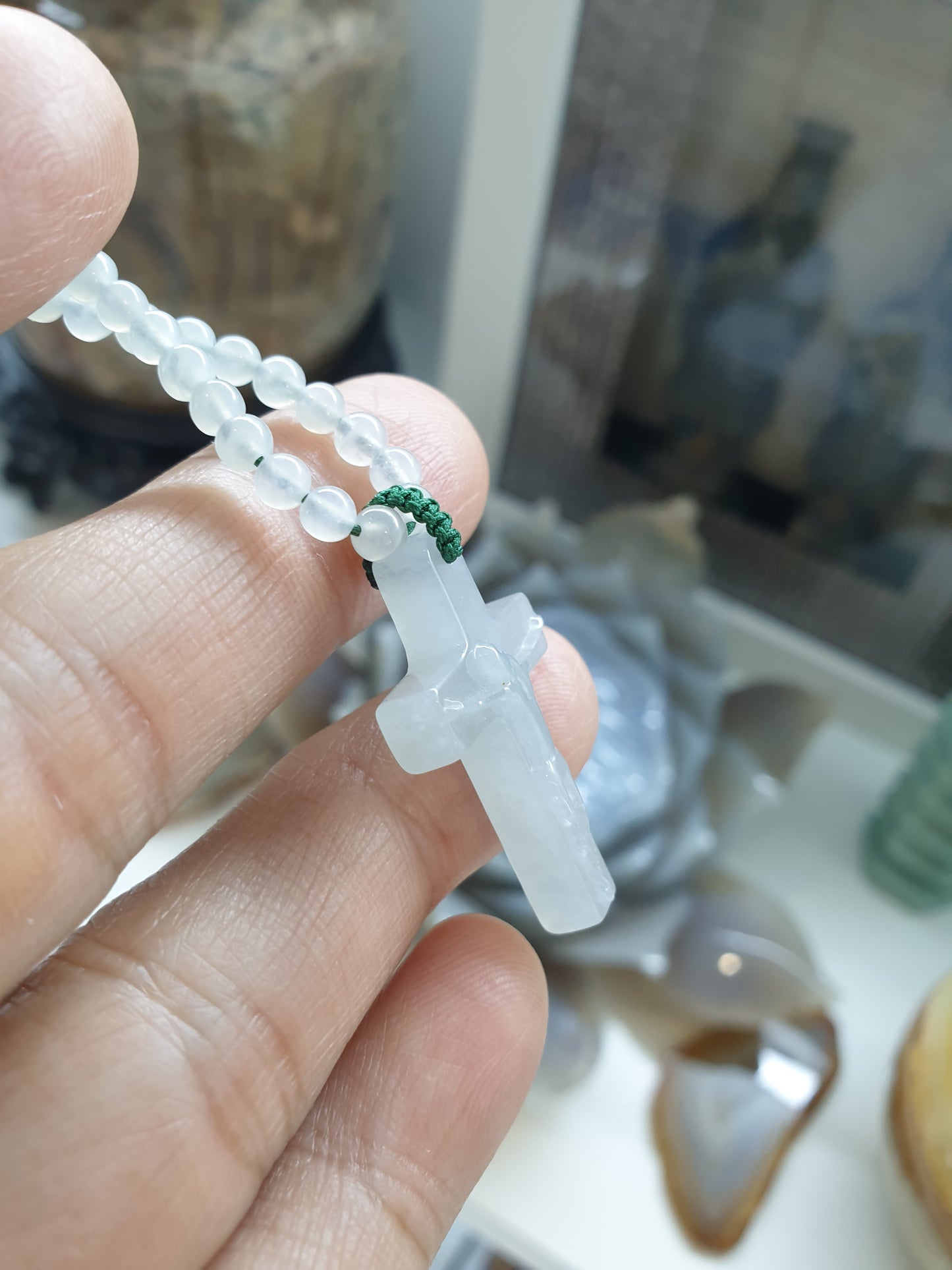 White Crucifix on Icy White Jade beaded Necklace (25") | Fei Cui Type A Jadeite