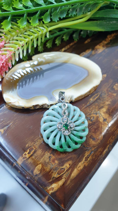 Jade Ventilator Sterling Silver Pendant Type A Green Jadeite Natural Two Tone