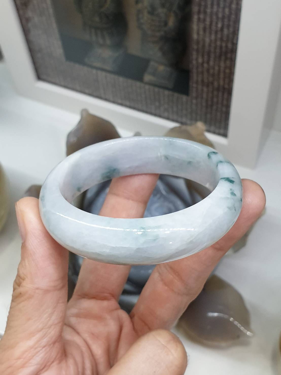 White Jade Everyday Bangle S55 Natural Green Dots Type A Myanmar Jadeite