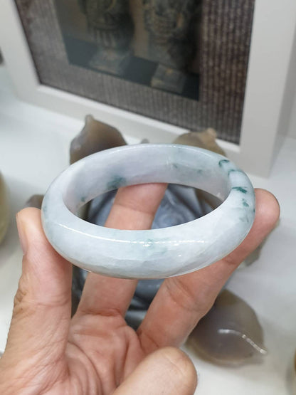 White Jade Everyday Bangle S55 Natural Green Dots Type A Myanmar Jadeite