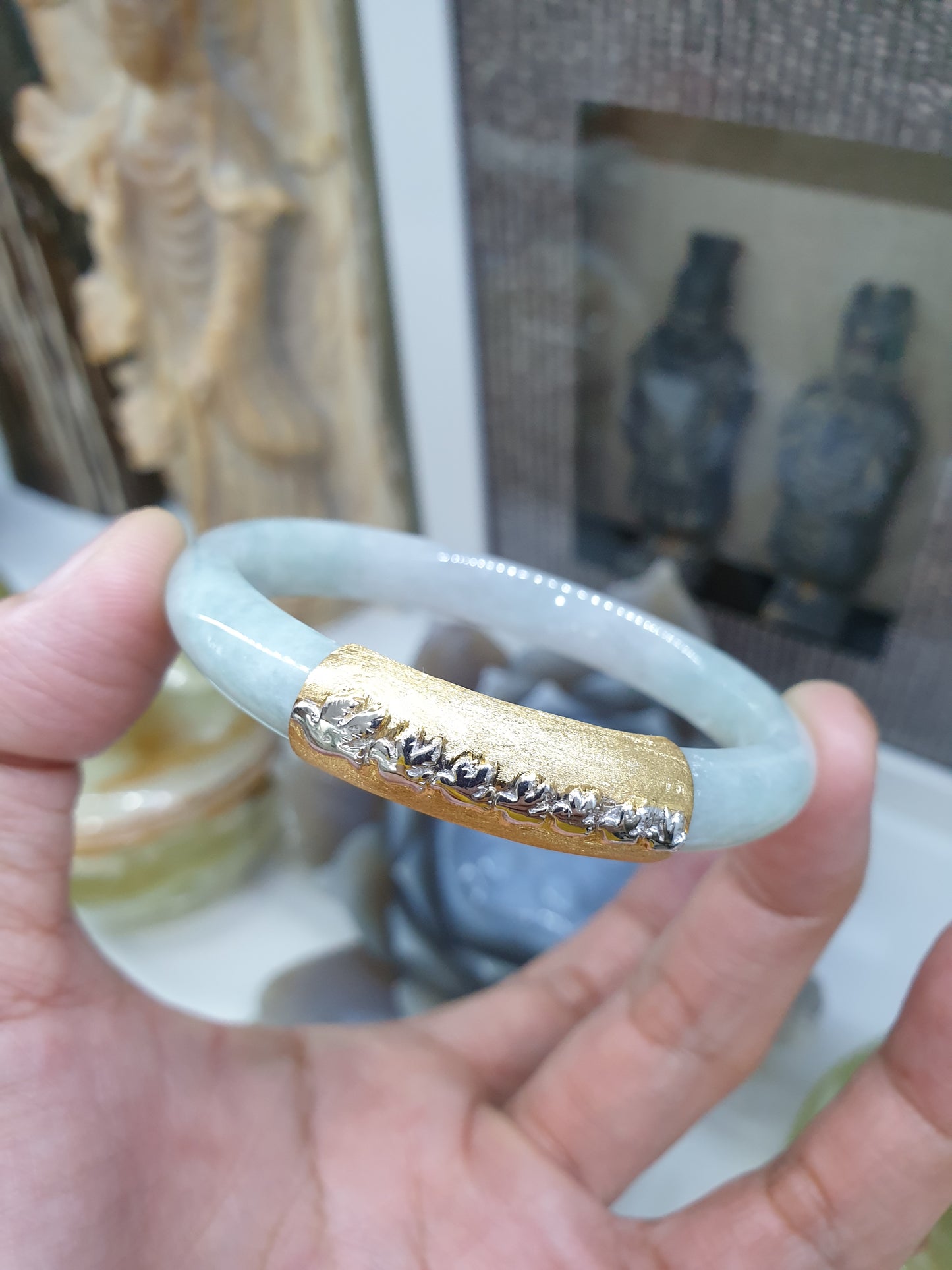 Flying Doves on Jade Bangle (S 57) | Solid 9K Gold, Fei Cui Original Jadeite | Stylish Wrist Accessory for Her