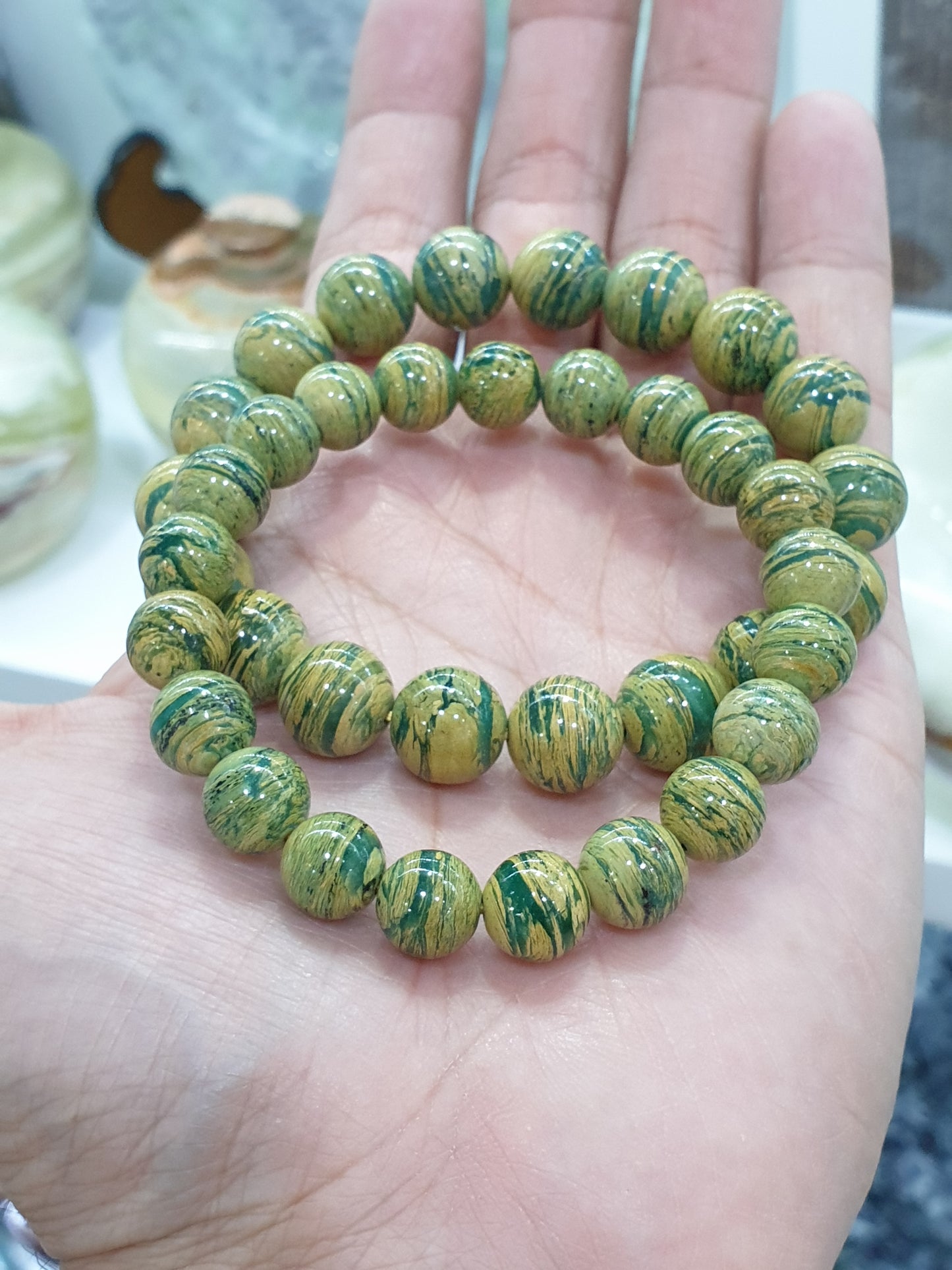 Chrysoprase in Golden Jasper Bracelets 17cm, Rare Natural Gemstone Beads