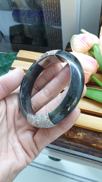 Jade Split Bangle S63 Natural Black Type A Myanmar Jadeite Sterling Silver Designer Locks