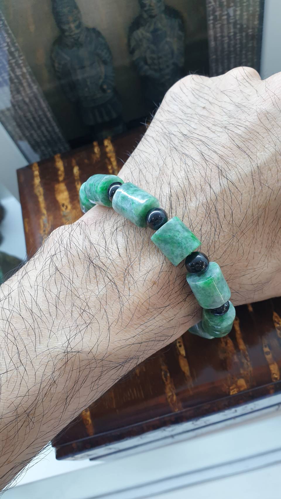Jade Cylinder Beads Bracelets (18 cm) | Mottled Green, Type A Natural Jadeite | His or Hers Wrist Accessories