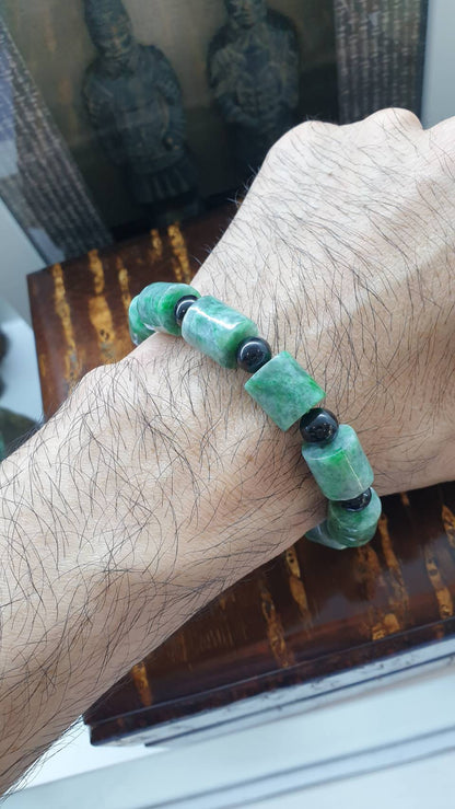 Jade Cylinder Beads Bracelets (18 cm) | Mottled Green, Type A Natural Jadeite | His or Hers Wrist Accessories