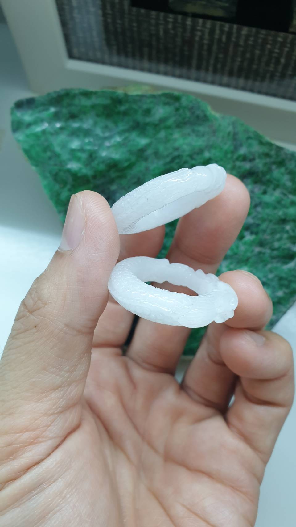 White Jade Dragon Auspicious Ring 9US Myanmar Type A Natural Jadeite