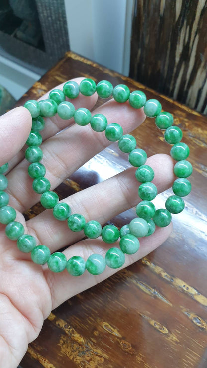 Type A Myanmar Two Tone Green Jadeite 17cm Bracelet with 7.5mm Beads