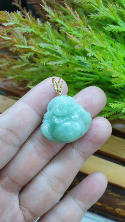 14K Solid Gold Jade Budai Prosperity Pendant Type A Natural Soft Green Jadeite