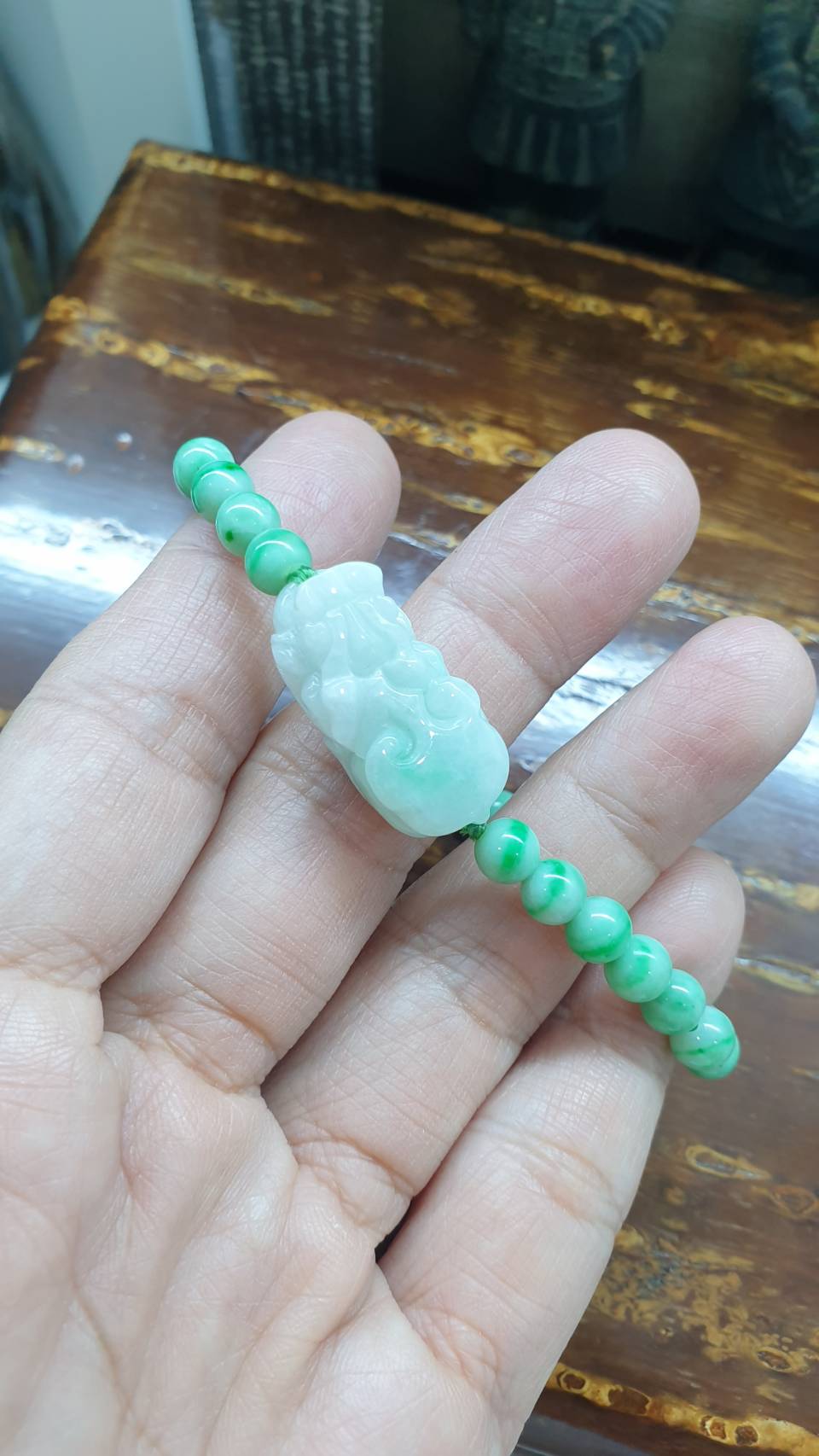 Jade Pixiu 17cm Bracelet - Type A Jadeite in Moss in Snow and Apple Green