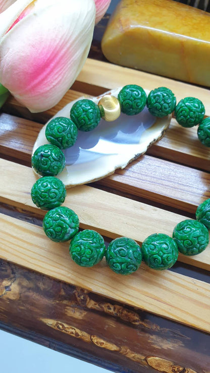 24K Gold Fei Cui Green Jade Ru Yi Beads Bracelet 17cm Type A Natural Myanmar Jadeite