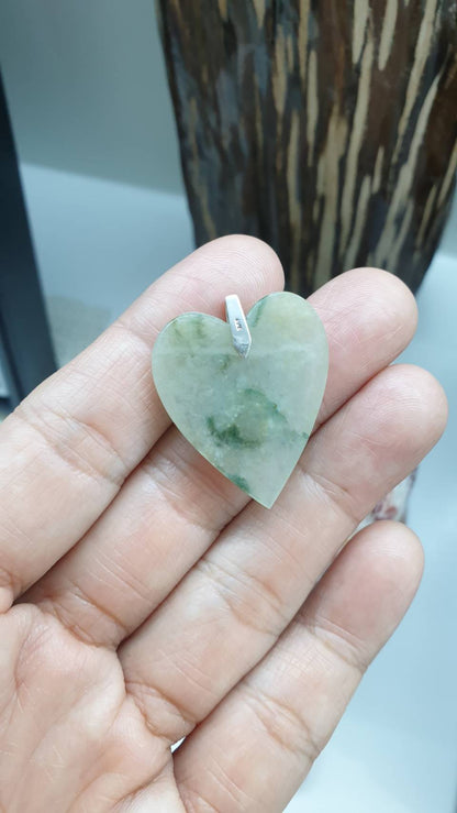 Gray Jade Heart Pendant | Fei Cui - Type A Jadeite | Sterling Silver Bail