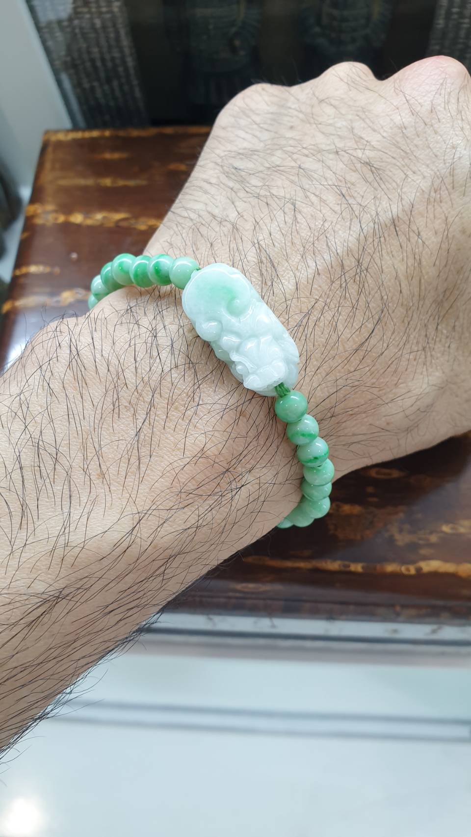 Jade Pixiu 17cm Bracelet - Type A Jadeite in Moss in Snow and Apple Green