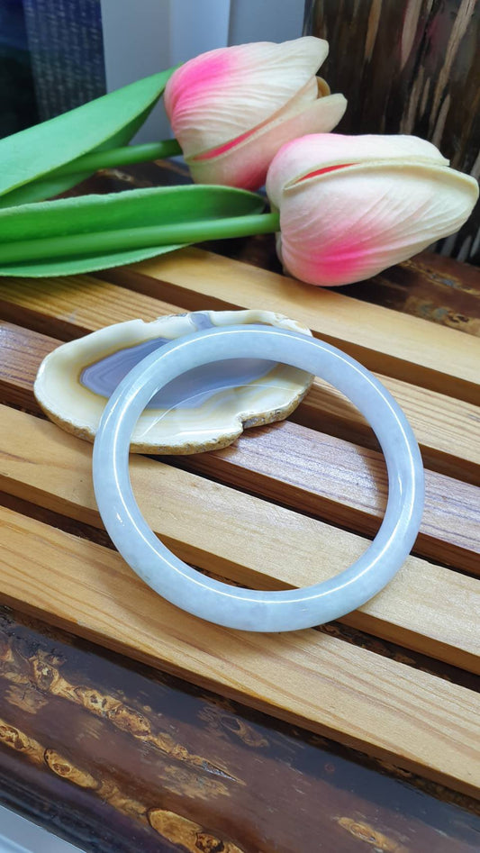 Cylindrical White Jade Bangle S54 Vintage Type A Myanmar Jadeite Gentle Lavender Tone