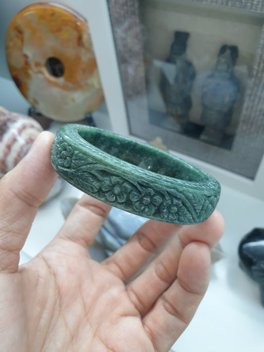 Green Jade Floral Bangle (Size 56) | Type A Natural Jadeite | Fortune Wrist Accessory