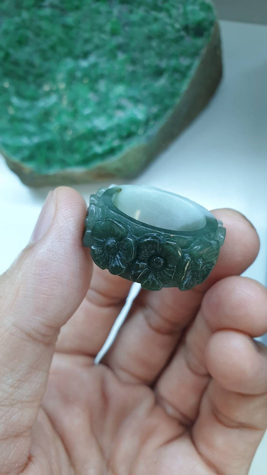 Floral Jade Vintage Ring 9.75US Natural Green Type A Myanmar Jadeite Two Toned