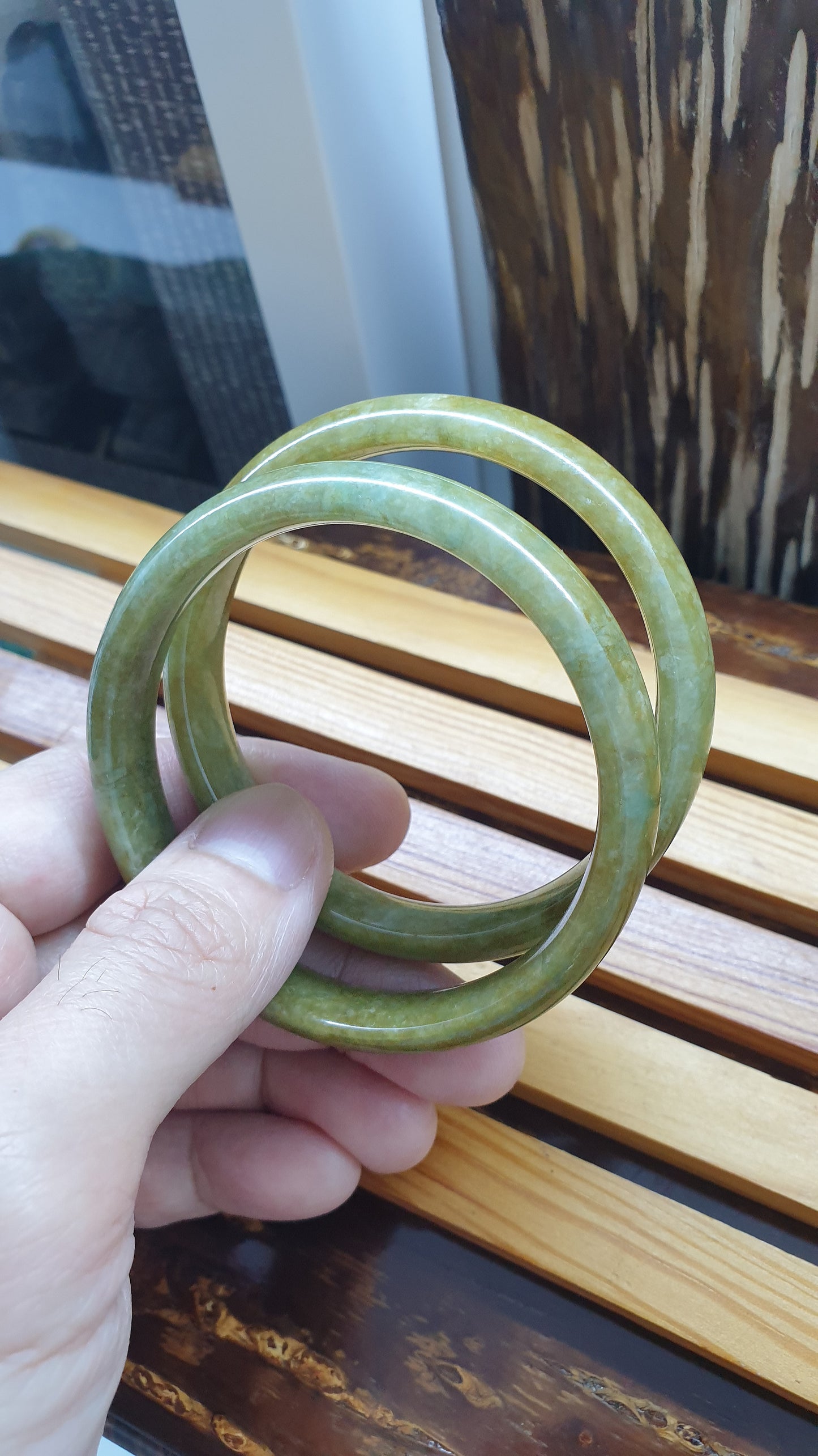 Paired Honey Green Jade Bangles S59 Vintage Type A Myanmar Jadeite