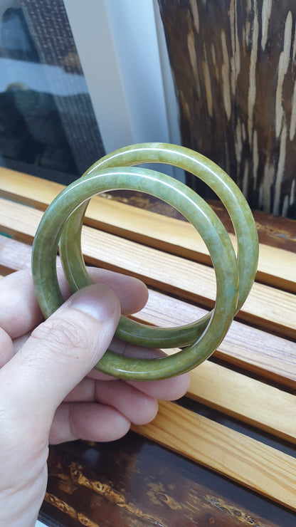Paired Honey Green Jade Bangles S59 Vintage Type A Myanmar Jadeite