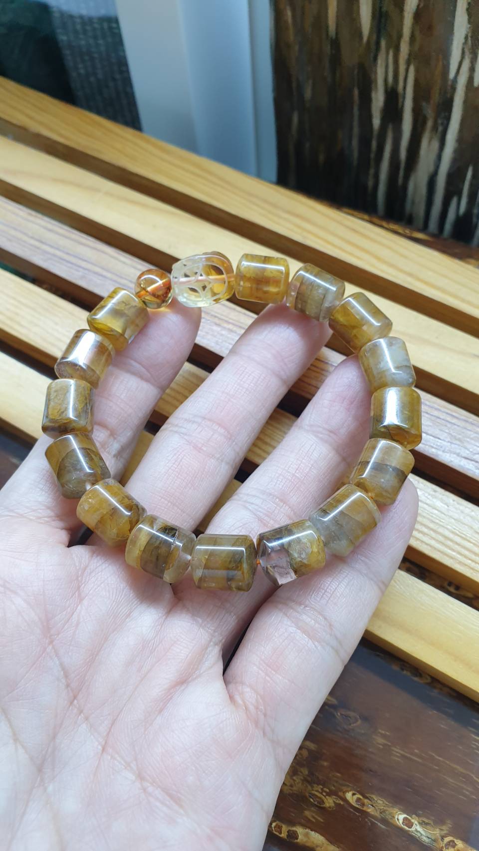 Citrine Wealth Bracelet 17 cm - Natural Gemstone Pixiu, Cylinder Beads